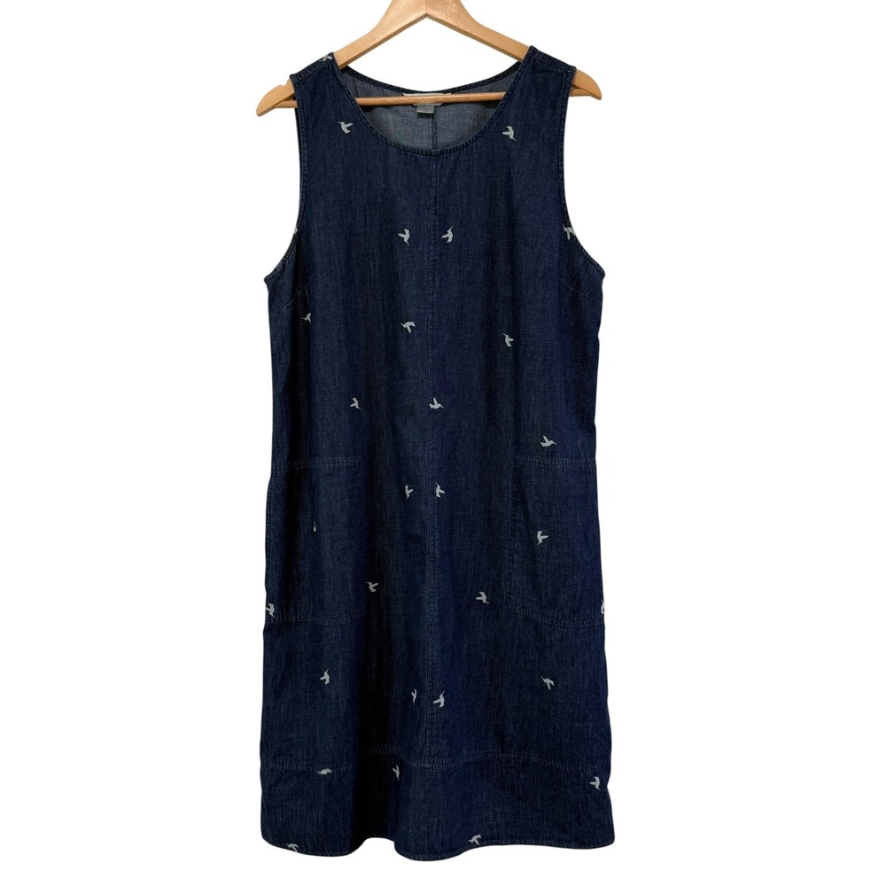 Chambray Dark Denim Hummingbird Novelty Midi Dress L Sleeveless Pockets Cotton - Picture 2 of 9
